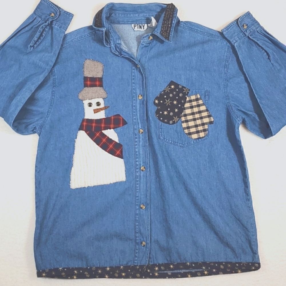 PTNY Vintage Denim Christmas Snowman Shirt Size Medium